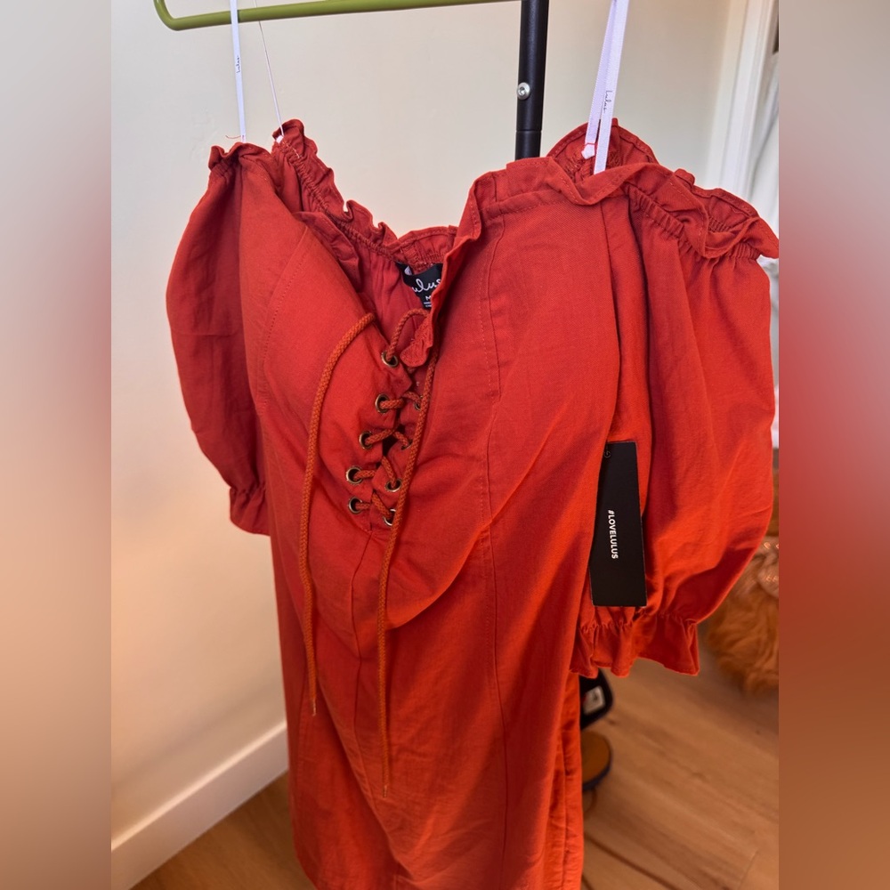 Lulu's Rust Red Off-Shoulder Lace-Up Peasant Dress